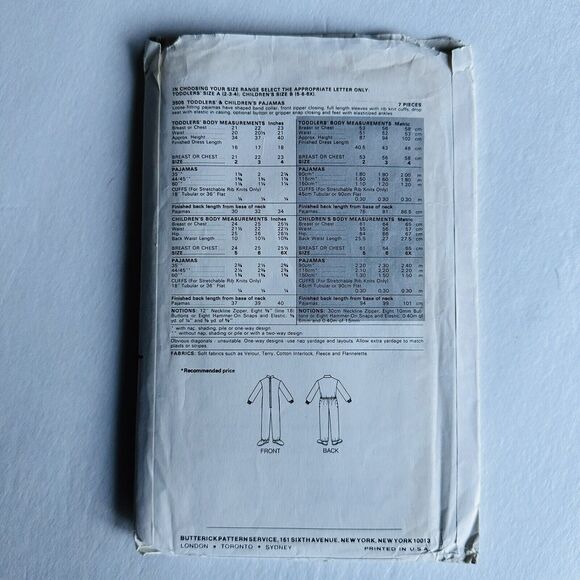 VTG BUTTERICK SEWING PATTERN 3505 KIDS PJS ONE-PIECE BACKFLAP FOOTIES Sz 2-4 CUT - Picture 2 of 2